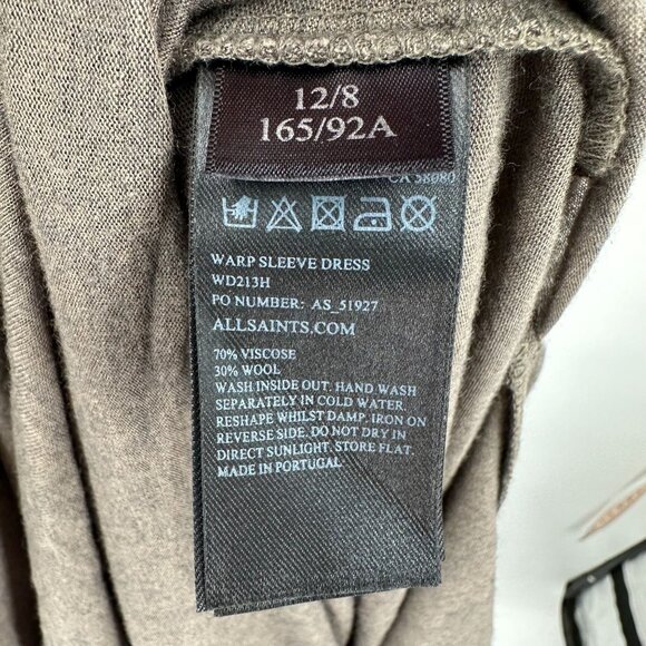 AllSaints Dress 8 Wool Blend Green Khaki Wrap Ruched Drape Minimal Capsule - Picture 9 of 9